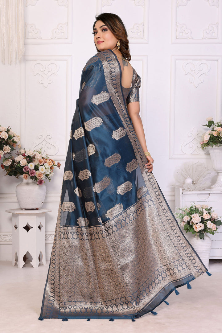 Elegant Teal Organza Zari Weaving Saree For Function Wear | Buy Online India