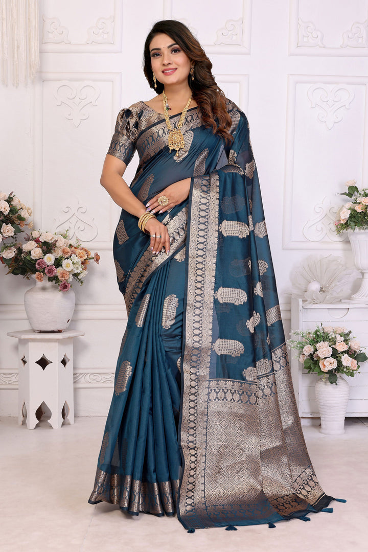 Elegant Teal Organza Zari Weaving Saree For Function Wear | Buy Online India