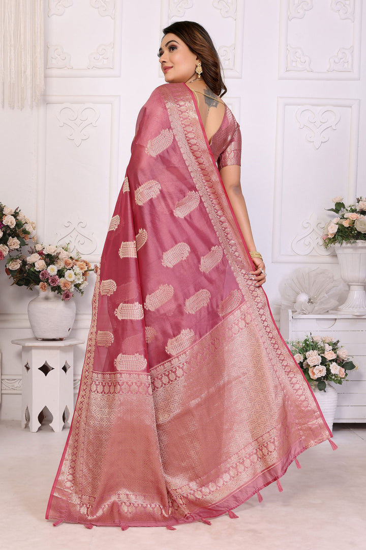 Charm Organza Zari Weaving Saree In Pink Color | Buy Online India