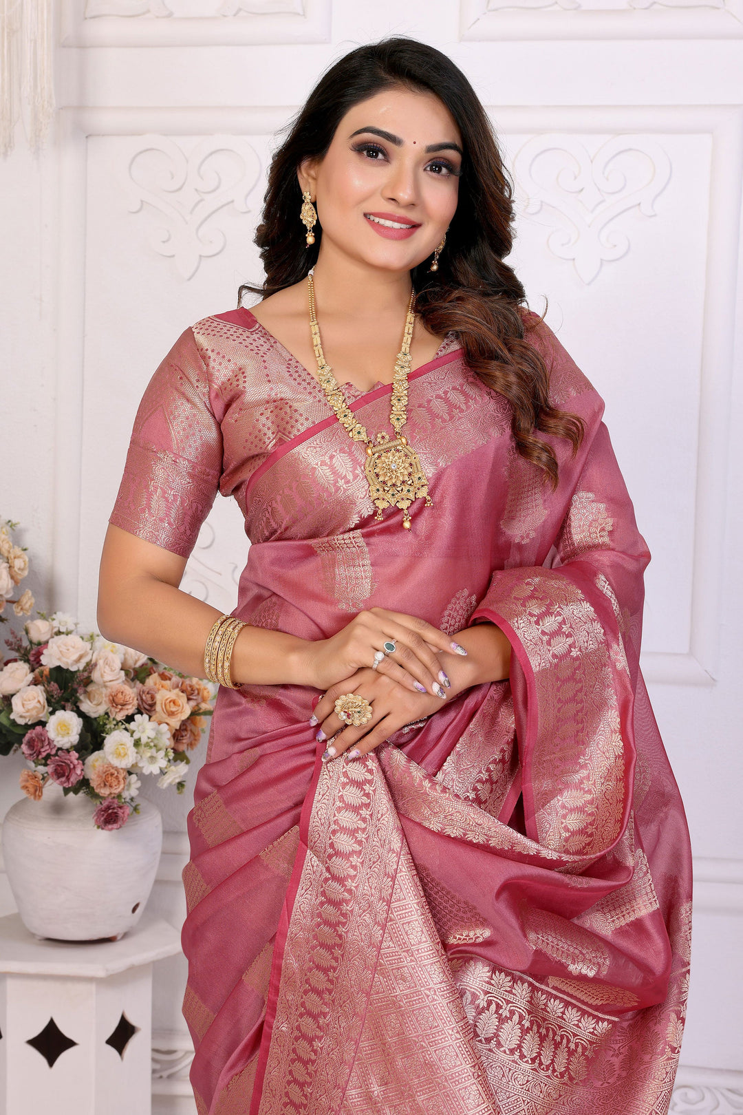 Charm Organza Zari Weaving Saree In Pink Color | Buy Online India