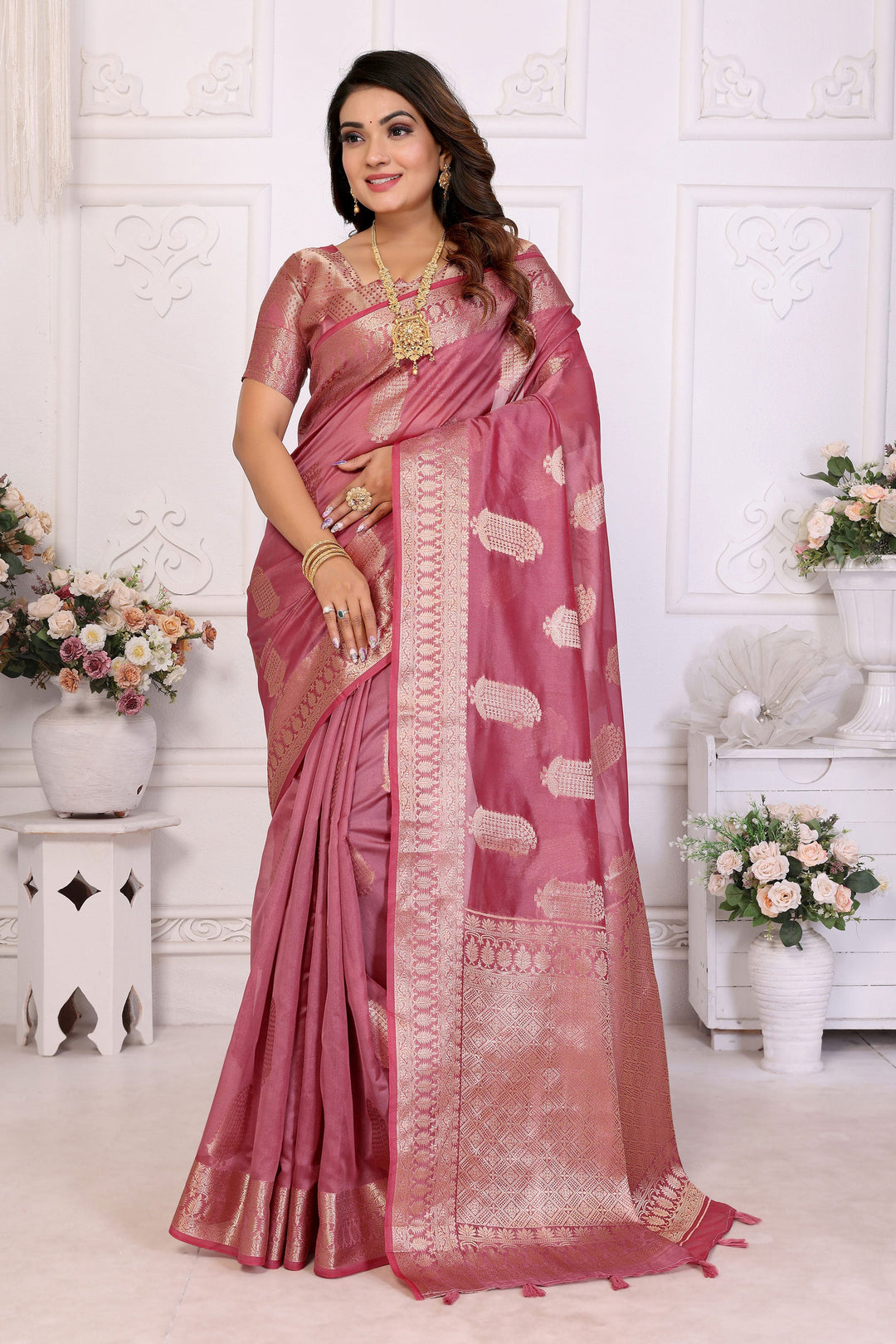 Charm Organza Zari Weaving Saree In Pink Color | Buy Online India