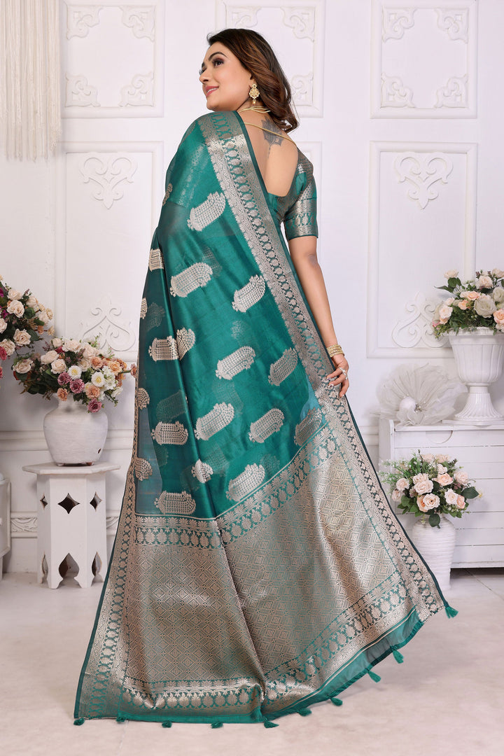 Sophisticated Dark Cyan Organza Zari Weaving Function Wear Saree | Buy Online India