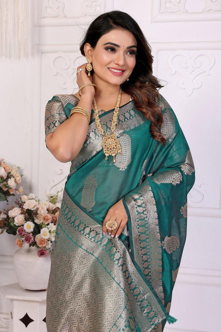 Sophisticated Dark Cyan Organza Zari Weaving Function Wear Saree | Buy Online India