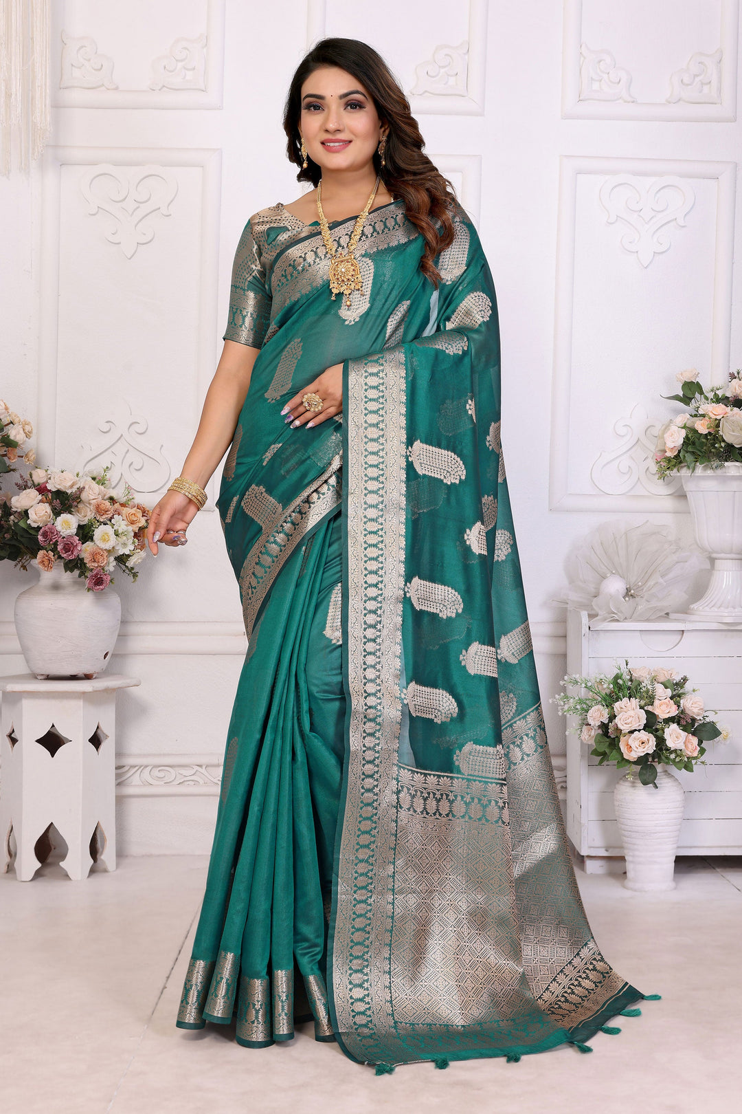 Sophisticated Dark Cyan Organza Zari Weaving Function Wear Saree | Buy Online India