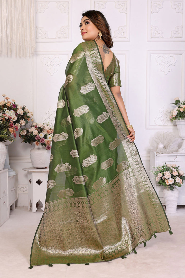 Opulent Green Organza Zari Weaving Function Wear Saree | Buy Online India
