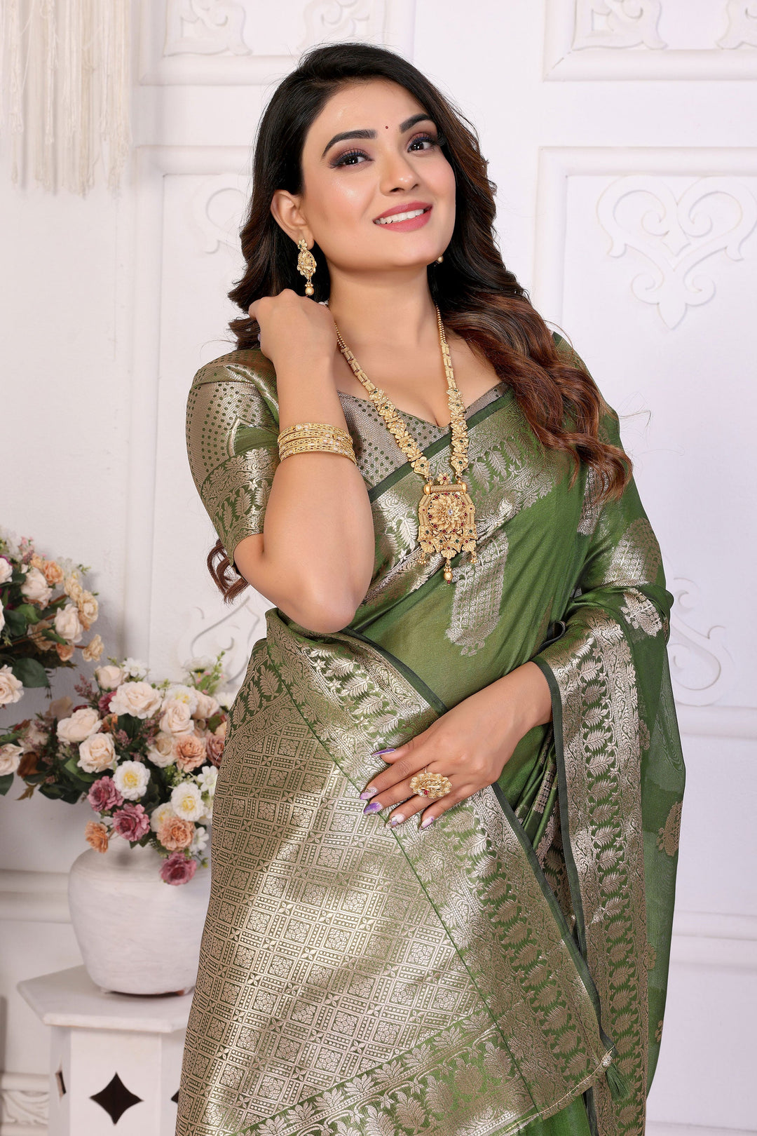 Opulent Green Organza Zari Weaving Function Wear Saree | Buy Online India