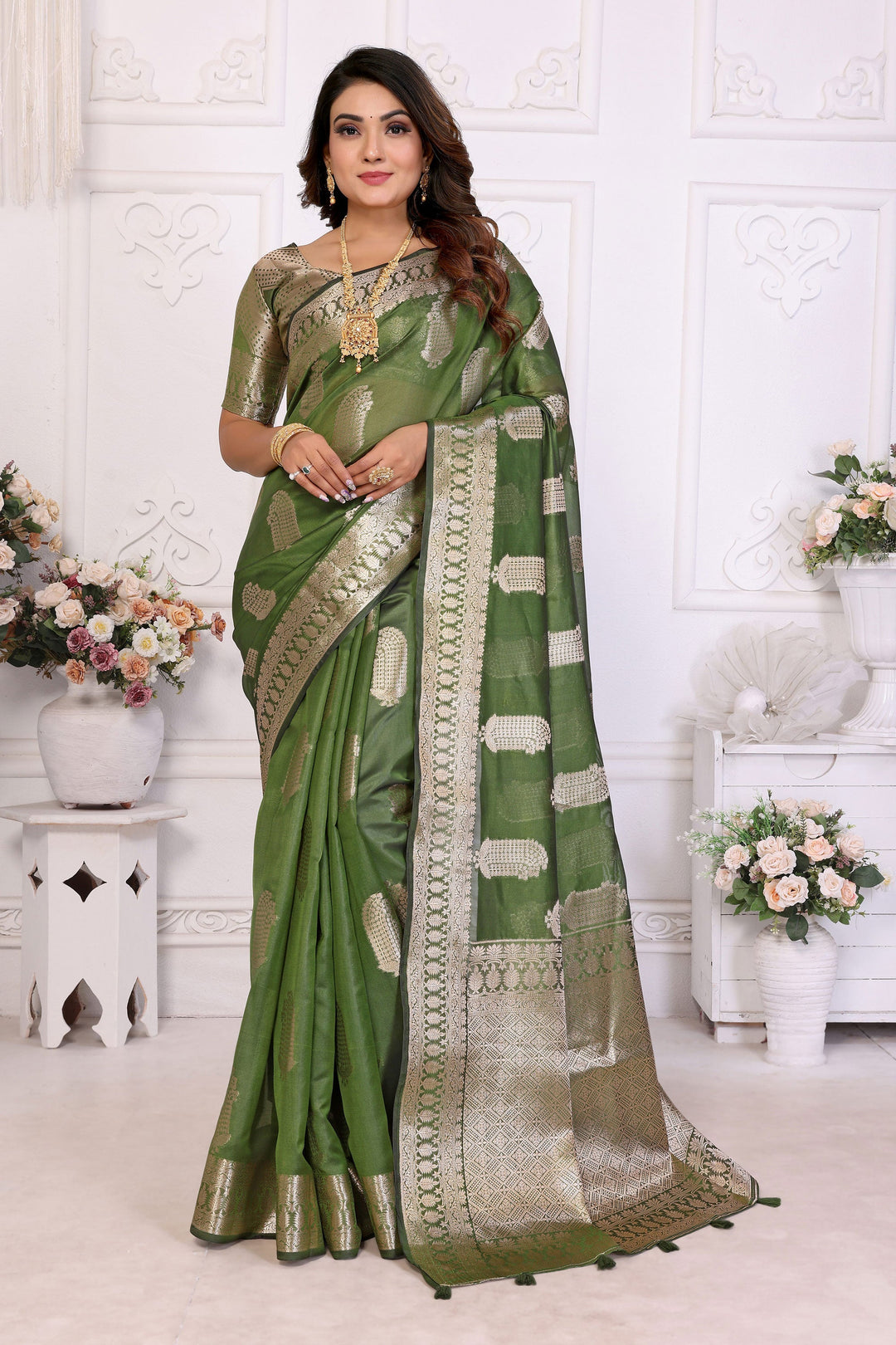 Opulent Green Organza Zari Weaving Function Wear Saree | Buy Online India