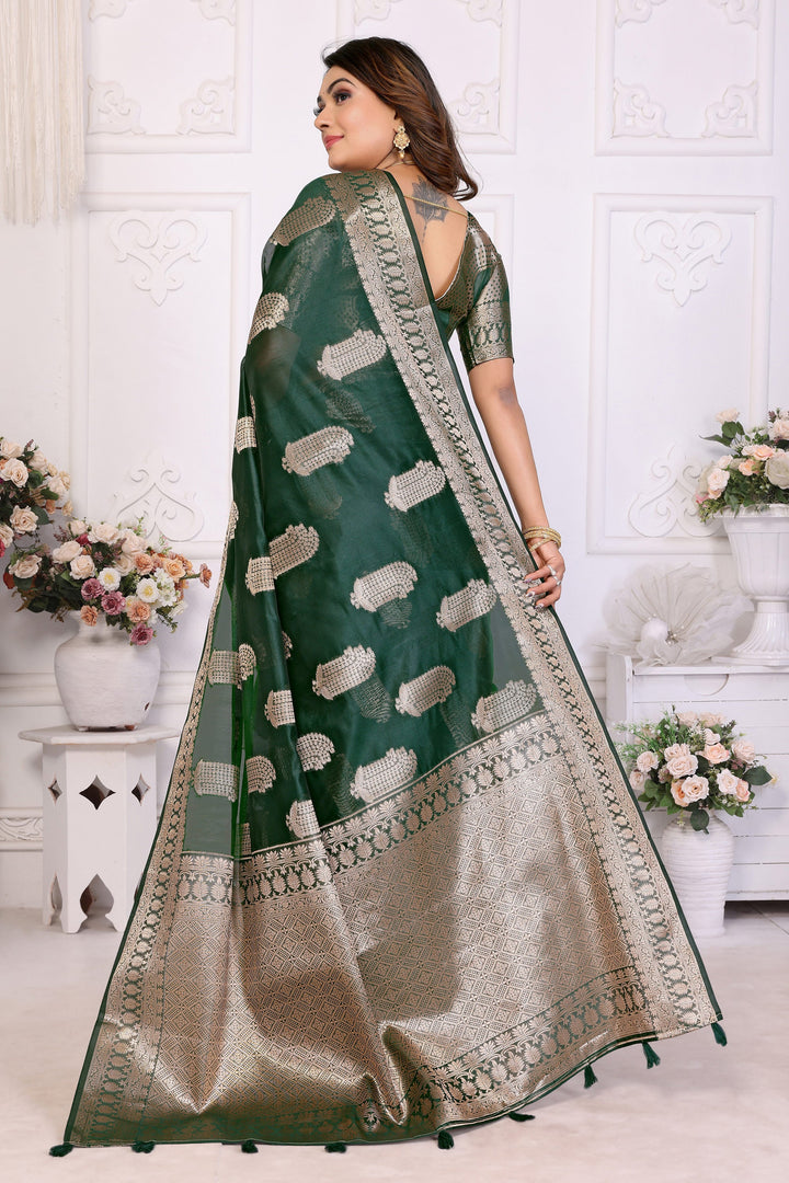 Function Wear Organza Zari Weaving Saree In Dark Green Color | Buy Online India