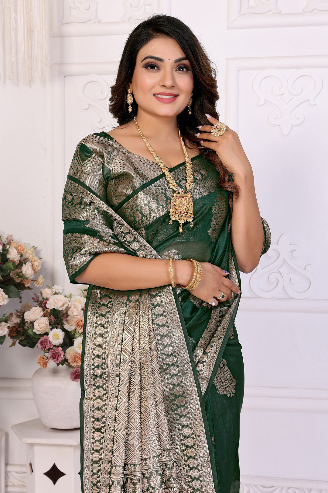Function Wear Organza Zari Weaving Saree In Dark Green Color | Buy Online India