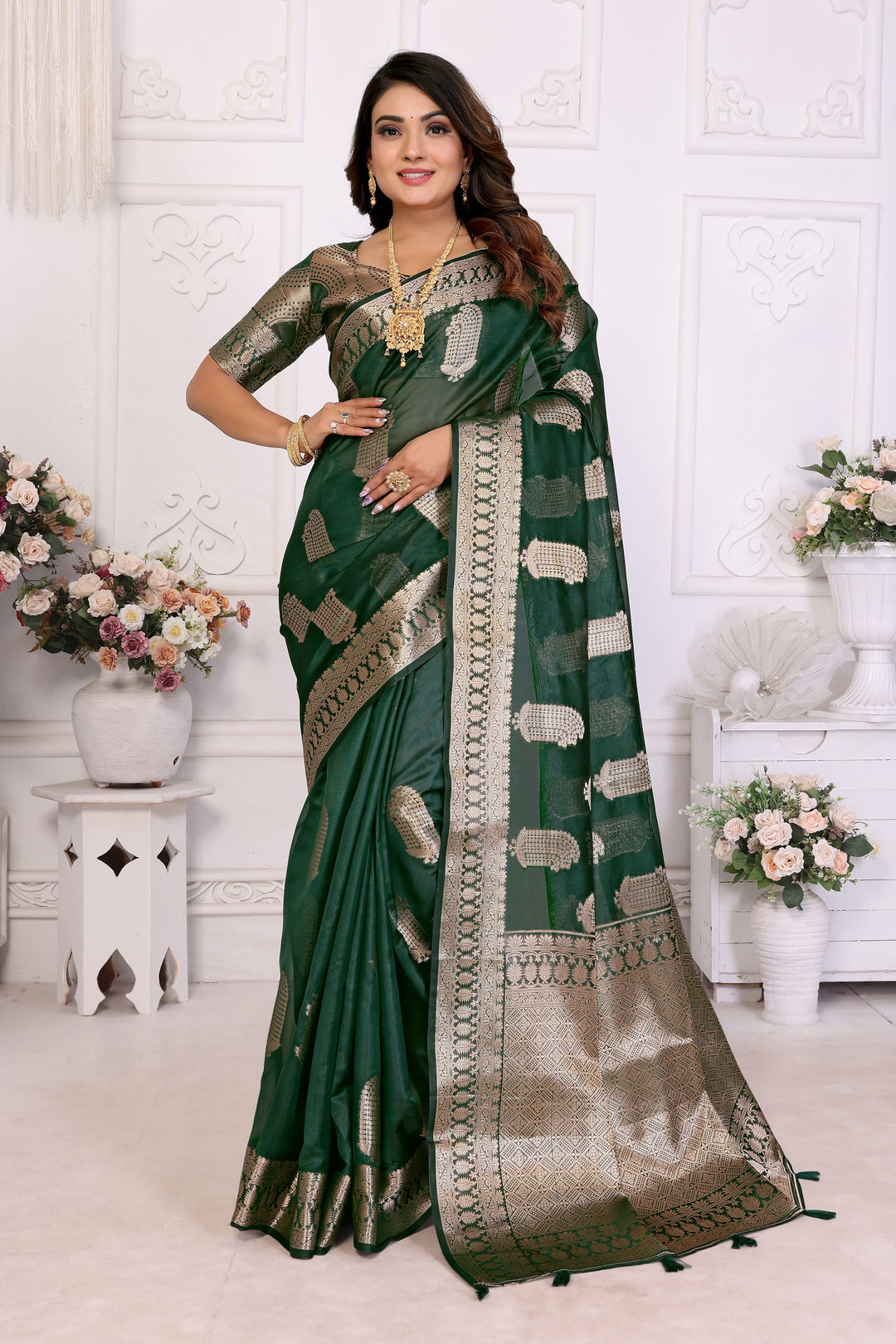Function Wear Organza Zari Weaving Saree In Dark Green Color | Buy Online India