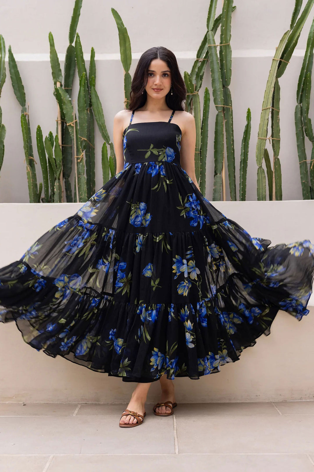 Tempting Black Color Readymade Georgetta Gown | Buy Online India