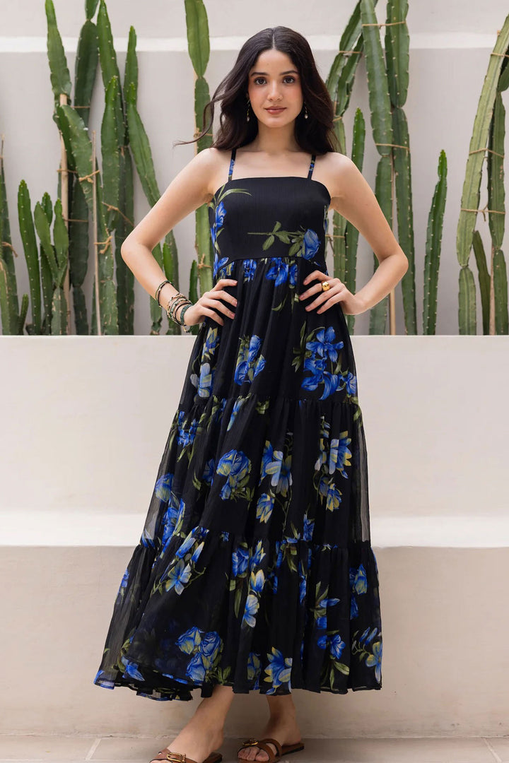 Tempting Black Color Readymade Georgetta Gown | Buy Online India