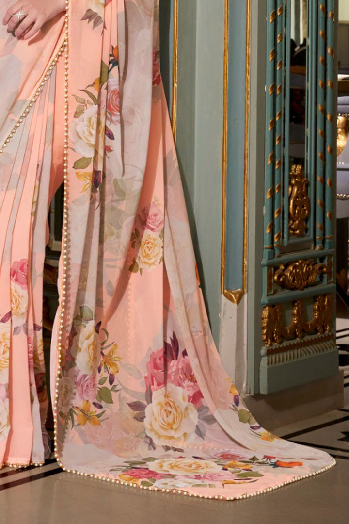 Peach Color Georgette Fabric Engaging Floral Printed Saree | Buy Online India