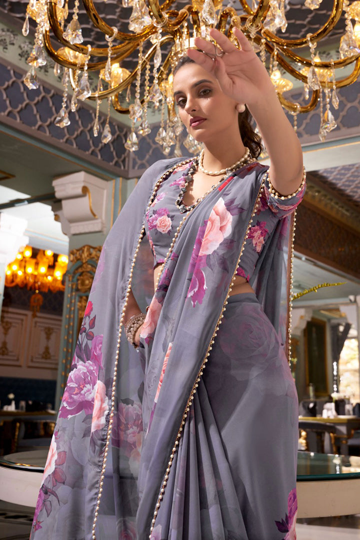Grey Color Sober Floral Printed Saree In Georgette Fabric | Buy Online India
