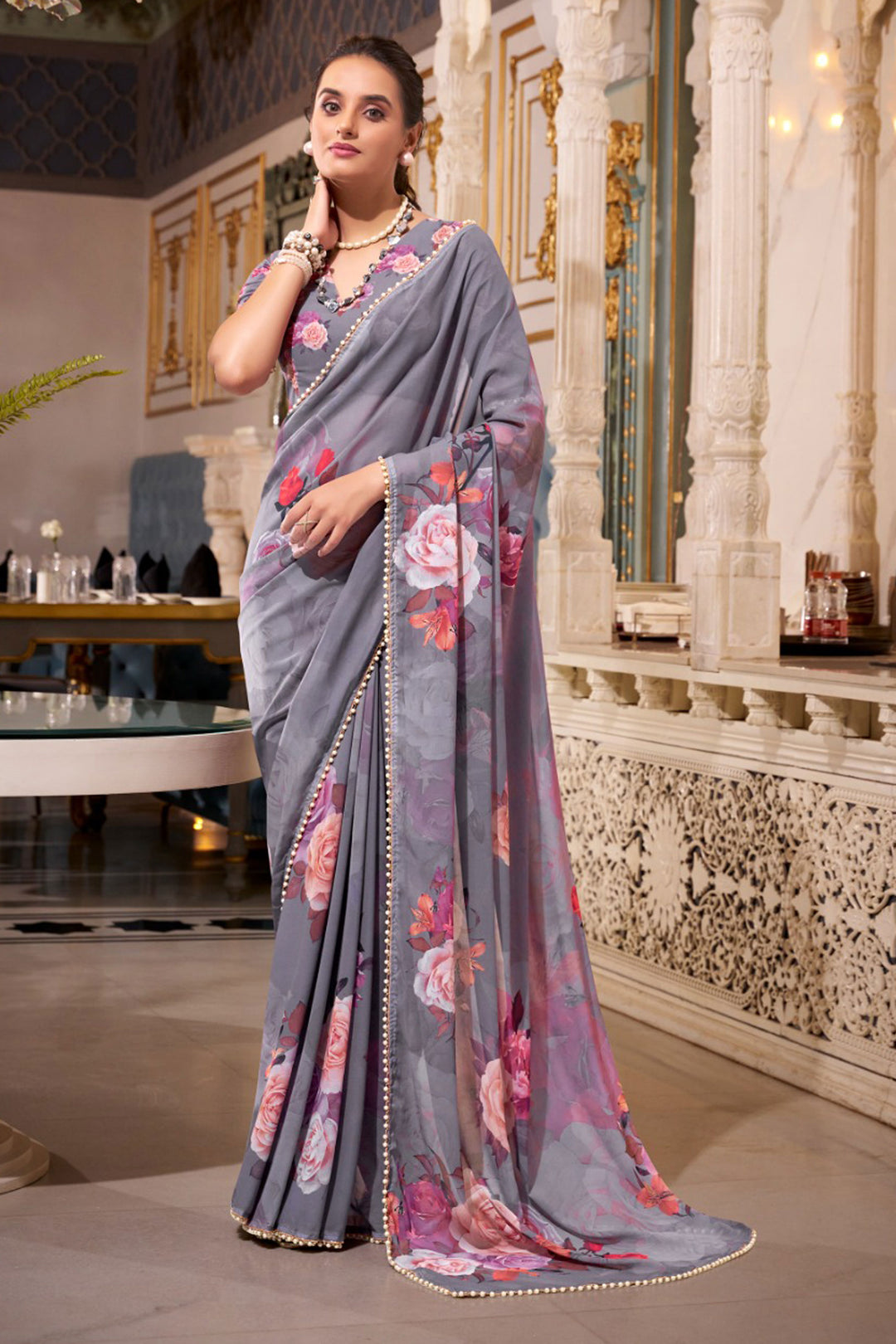 Grey Color Sober Floral Printed Saree In Georgette Fabric | Buy Online India