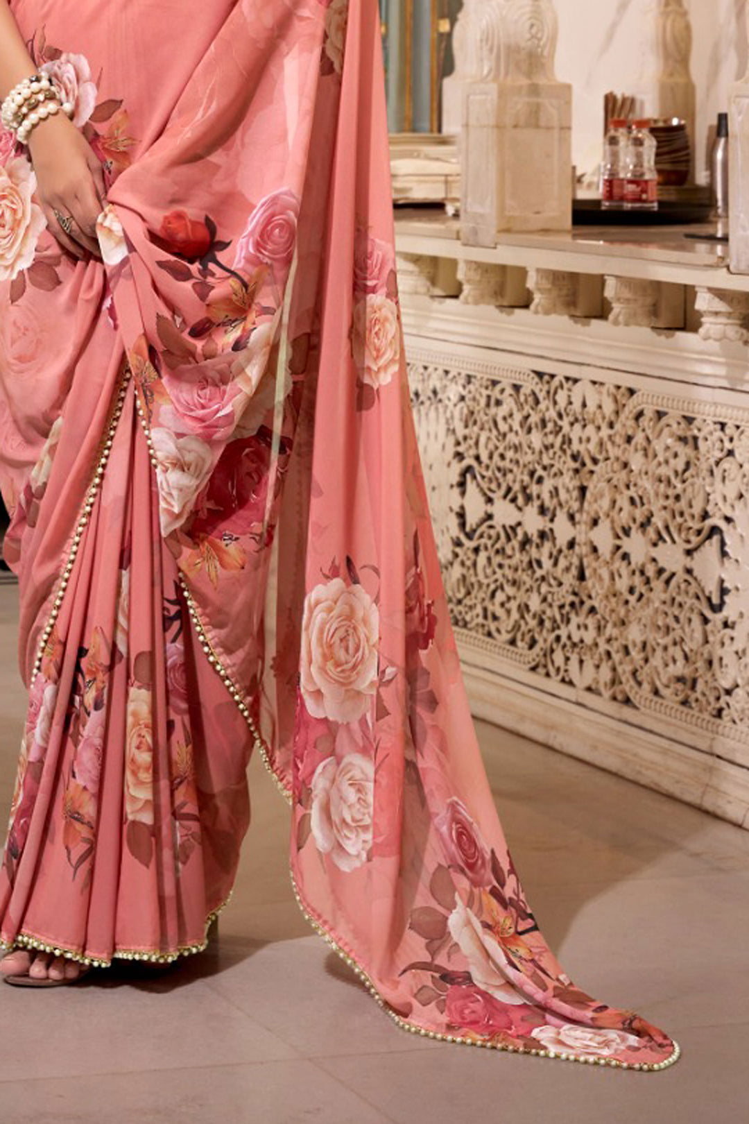 Creative Orange Color Georgette Fabric Floral Printed Saree | Buy Online India