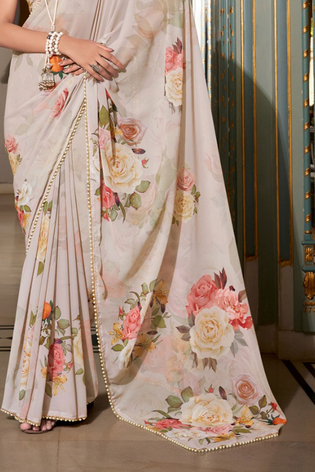 Excellent Georgette Fabric Off White Color Floral Printed Saree | Buy Online India
