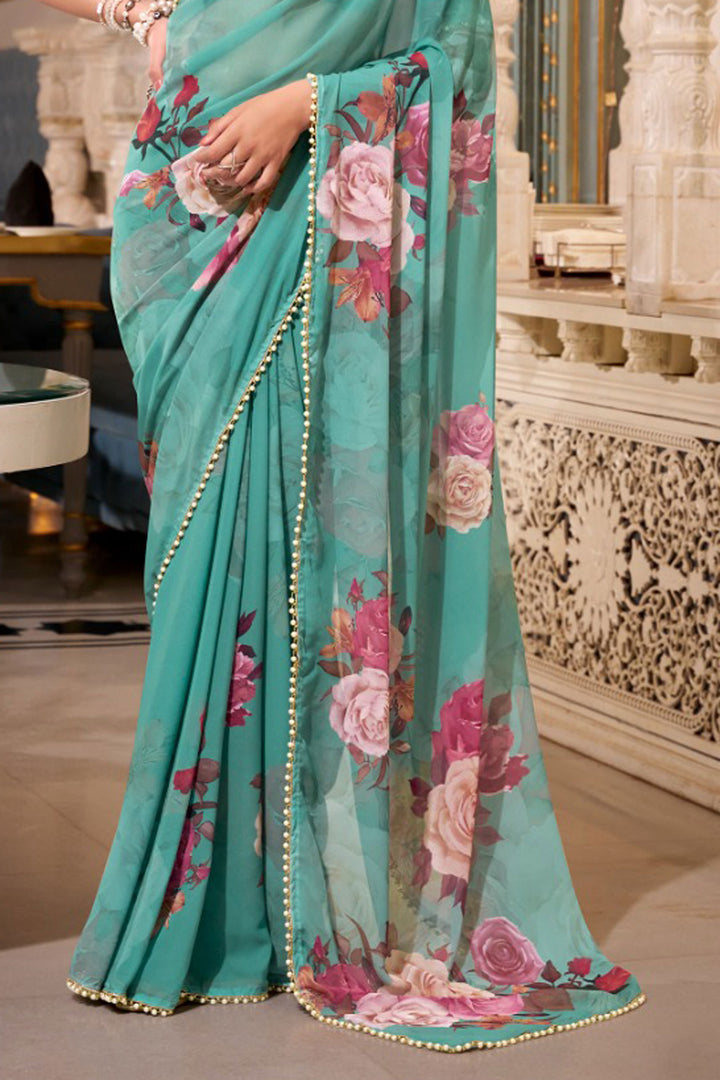 Green Color Georgette Fabric Stunning Floral Printed Saree | Buy Online India