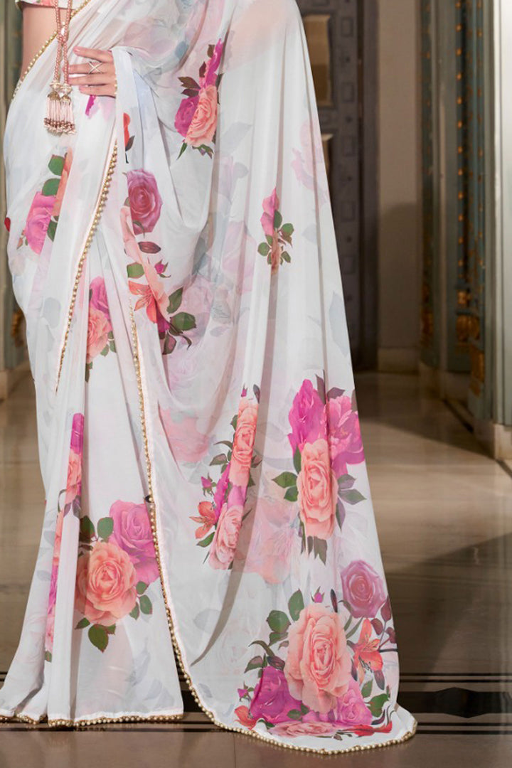 Beguiling White Color Georgette Fabric Floral Printed Saree | Buy Online India