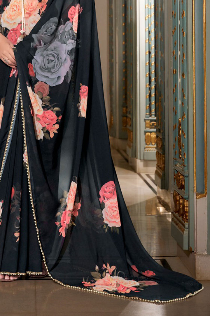 Incredible Georgette Fabric Black Color Floral Printed Saree | Buy Online India