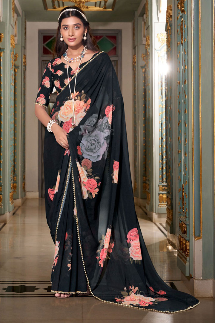 Incredible Georgette Fabric Black Color Floral Printed Saree | Buy Online India