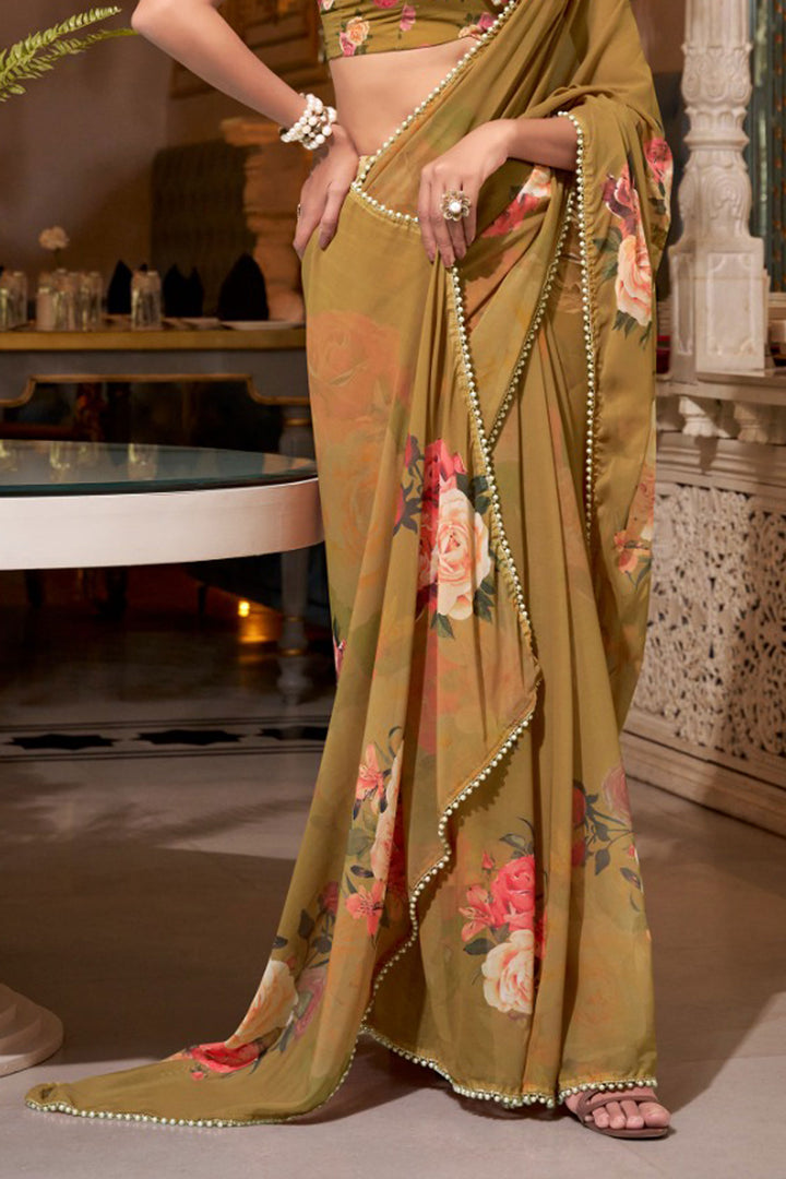 Tempting Georgette Fabric Brown Color Floral Printed Saree | Buy Online India