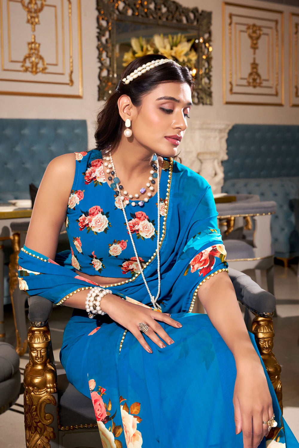 Georgette Fabric Cyan Color Delicate Floral Printed Saree | Buy Online India