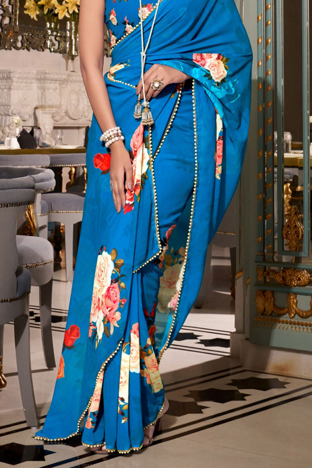 Georgette Fabric Cyan Color Delicate Floral Printed Saree | Buy Online India
