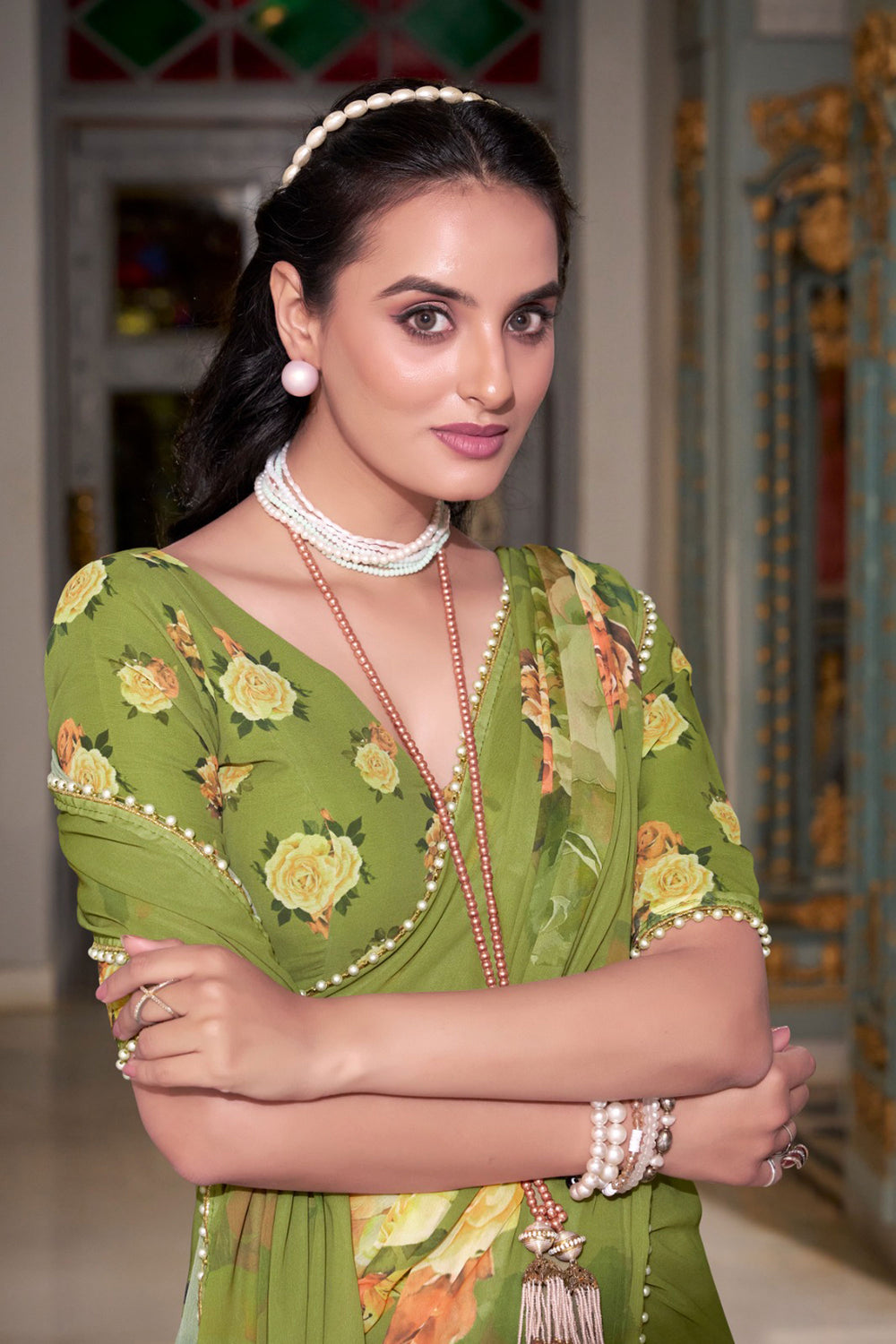 Engaging Green Color Georgette Fabric Floral Printed Saree | Buy Online India