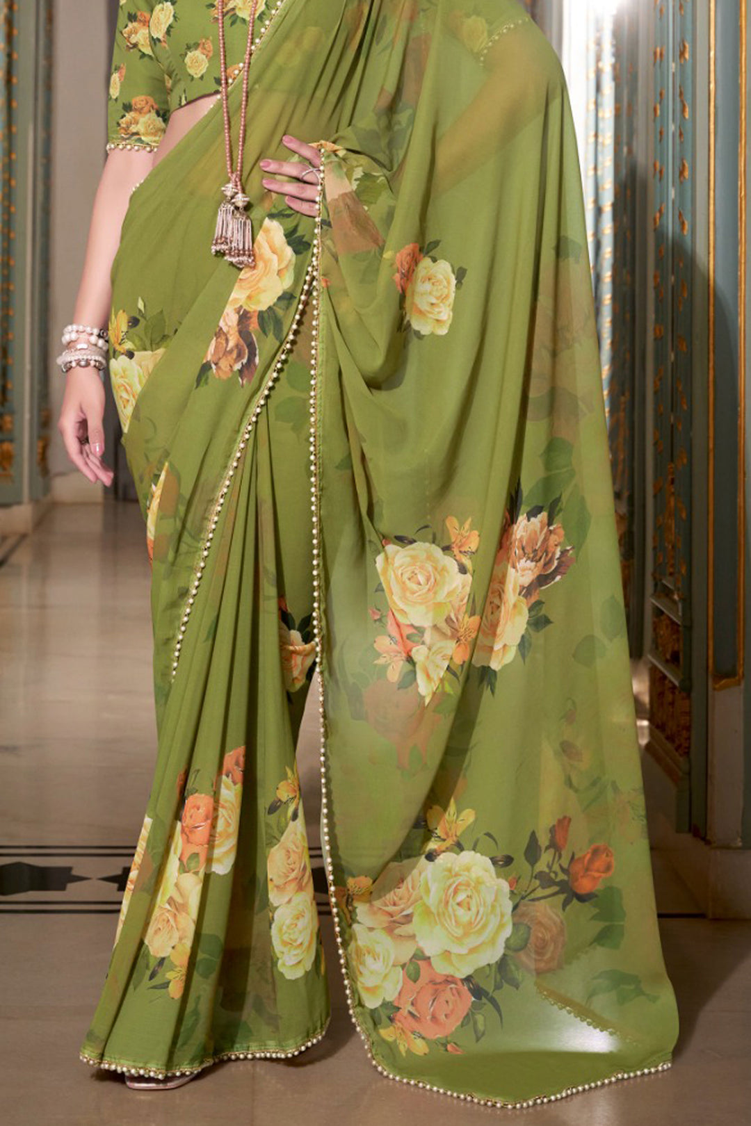 Engaging Green Color Georgette Fabric Floral Printed Saree | Buy Online India