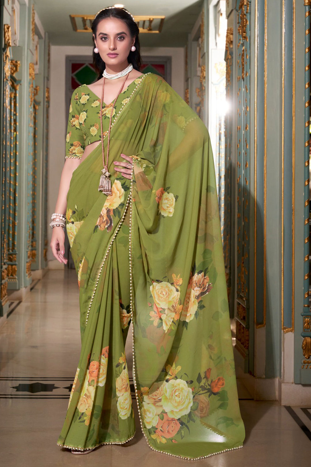 Engaging Green Color Georgette Fabric Floral Printed Saree | Buy Online India