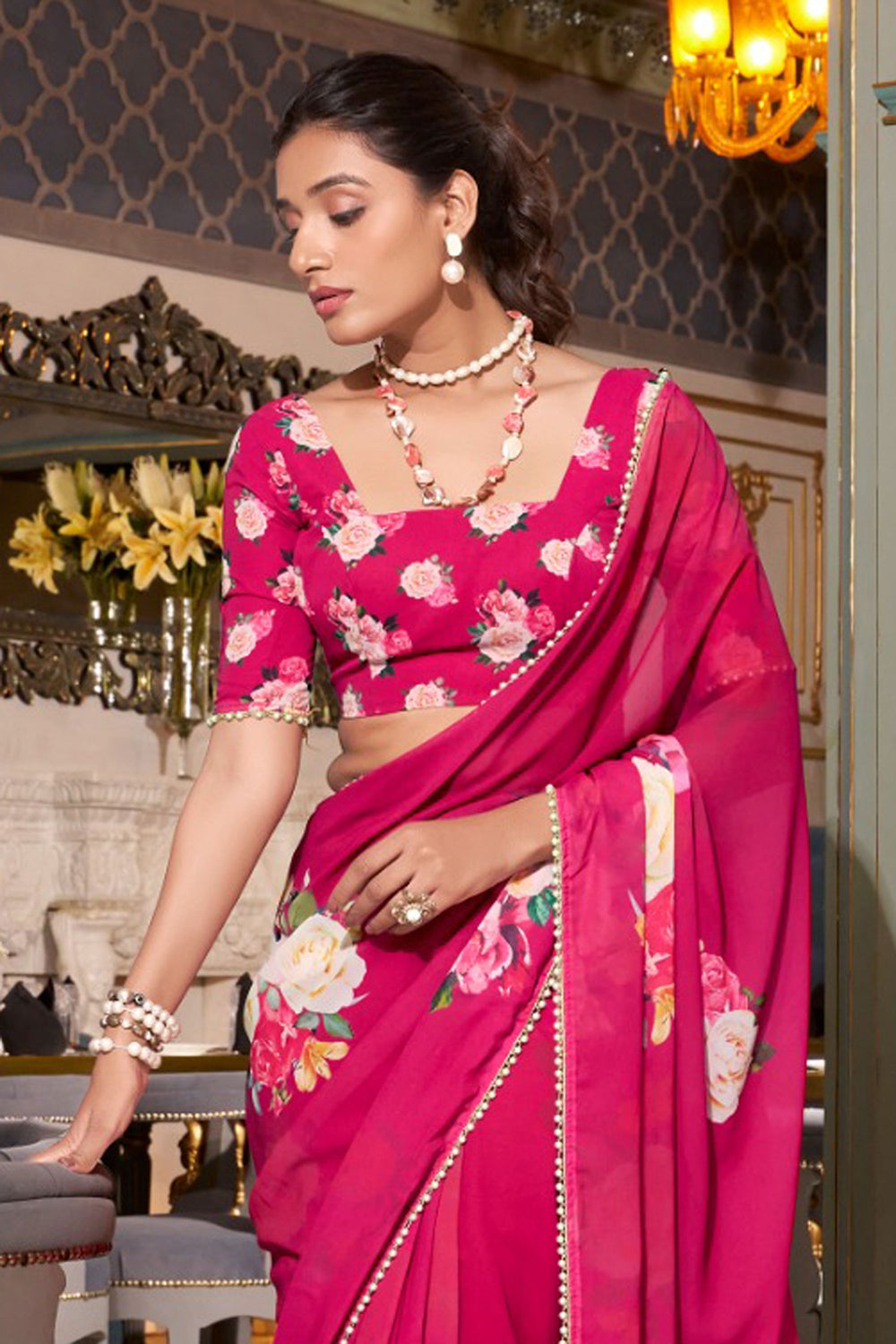 Amazing Rani Color Georgette Fabric Floral Printed Saree | Buy Online India