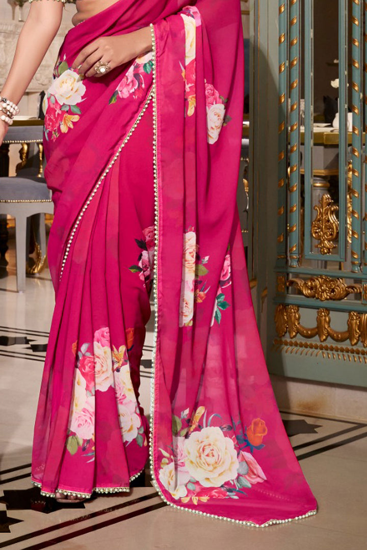 Amazing Rani Color Georgette Fabric Floral Printed Saree | Buy Online India
