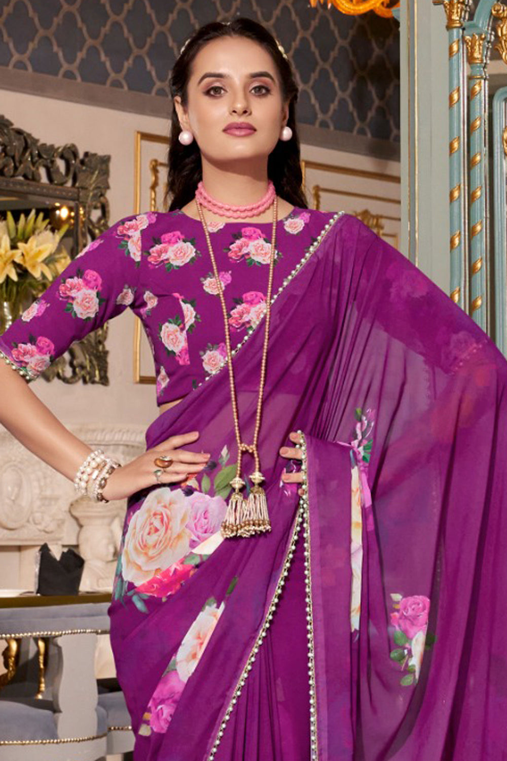 Trendy Georgette Fabric Purple Color Floral Printed Saree | Buy Online India