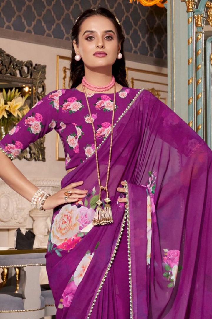 Trendy Georgette Fabric Purple Color Floral Printed Saree | Buy Online India