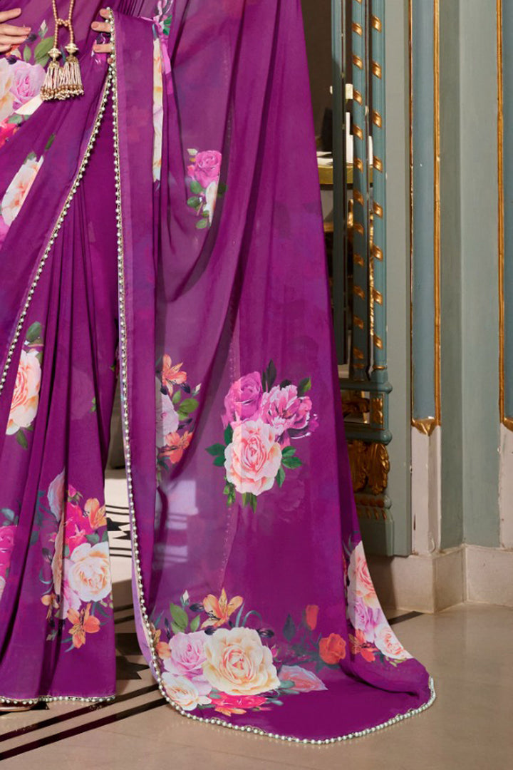 Trendy Georgette Fabric Purple Color Floral Printed Saree | Buy Online India