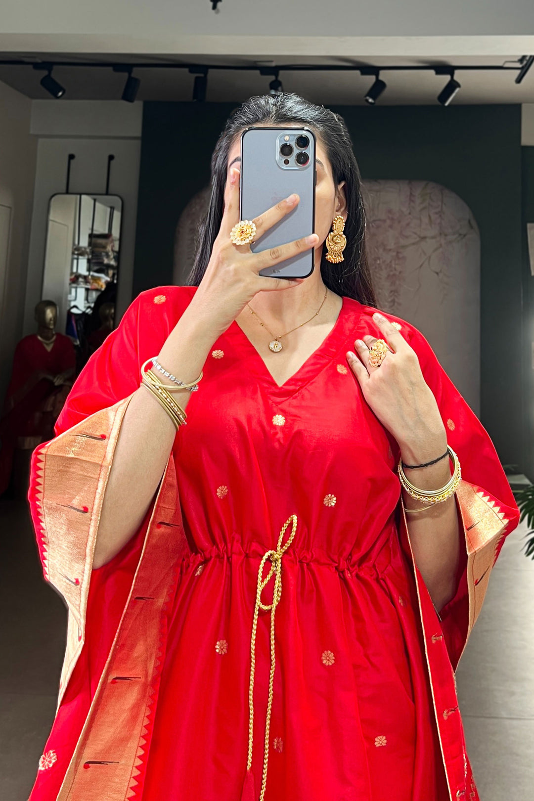 Soothing Red Color Art Silk Fabric Readymade Kaftan | Buy Online India