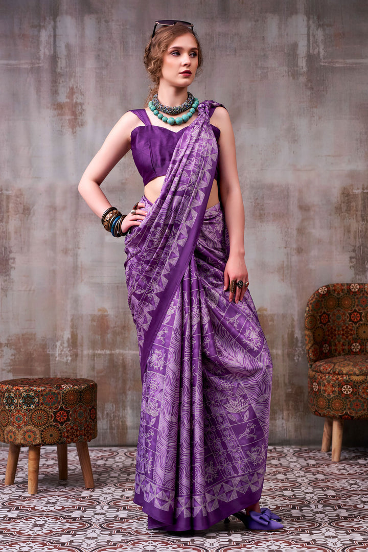 Purple Color Printed Work On Satin Silk Fabric Beatific Saree | Buy Online India