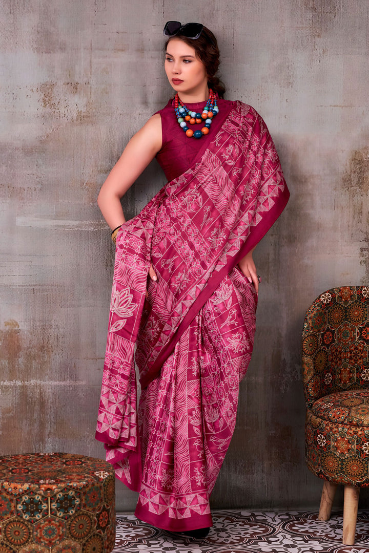 Awesome Printed Work On Satin Silk Fabric Burgundy Color Saree | Buy Online India