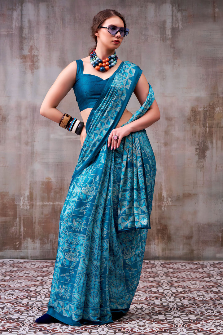 Tempting Satin Silk Fabric Cyan Color Saree With Printed Work | Buy Online India