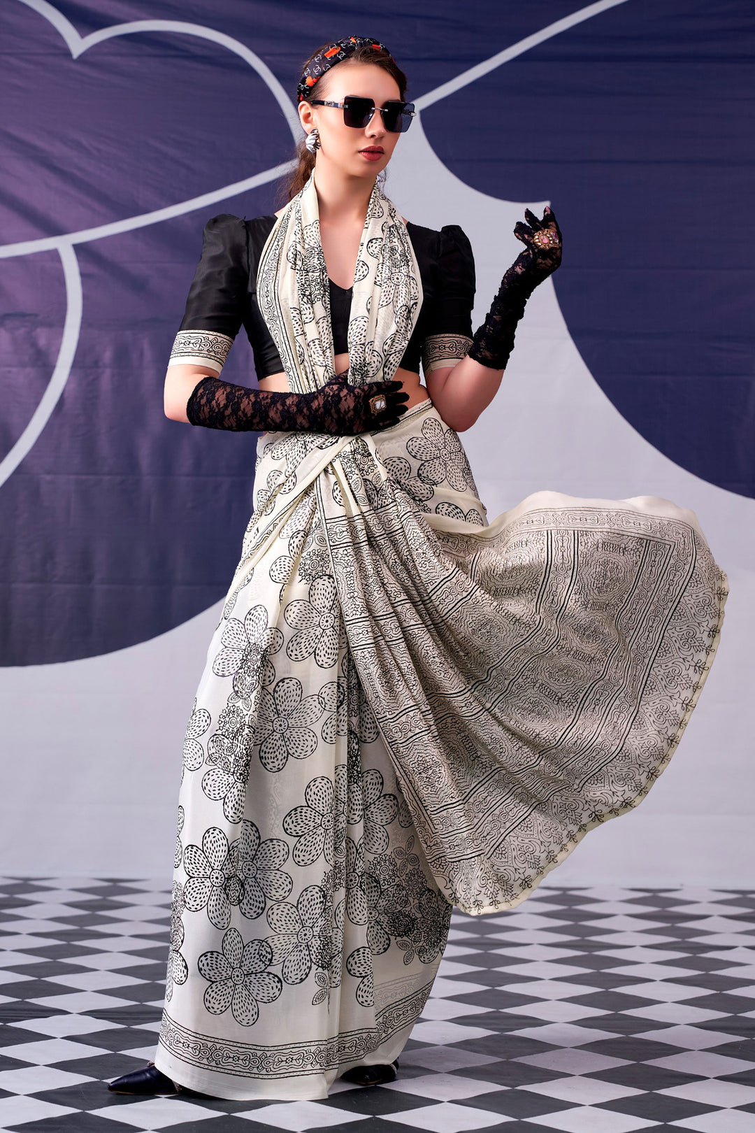 Engaging Black Color Satin Silk Fabric Saree With Printed Work | Buy Online India