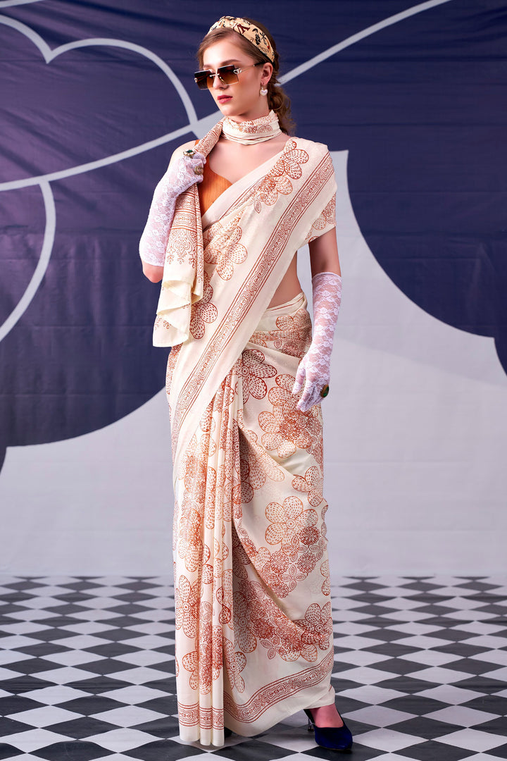 Satin Silk Fabric Peach Color Saree With Lovely Printed Work | Buy Online India