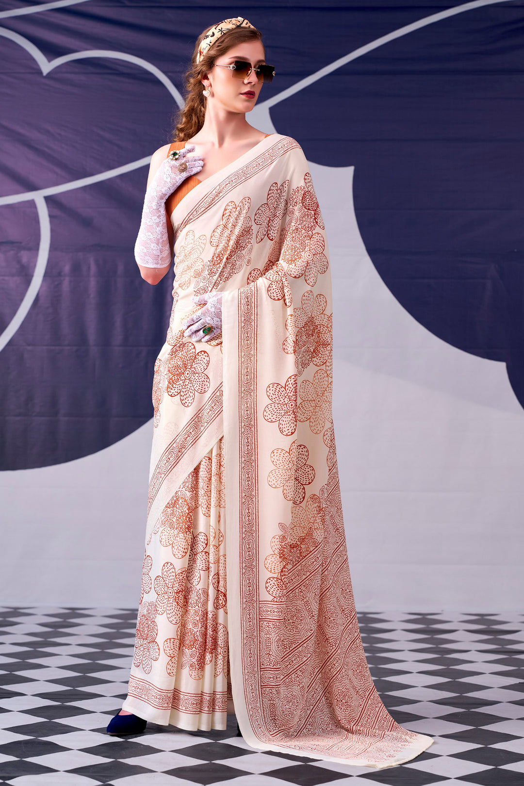 Satin Silk Fabric Peach Color Saree With Lovely Printed Work | Buy Online India