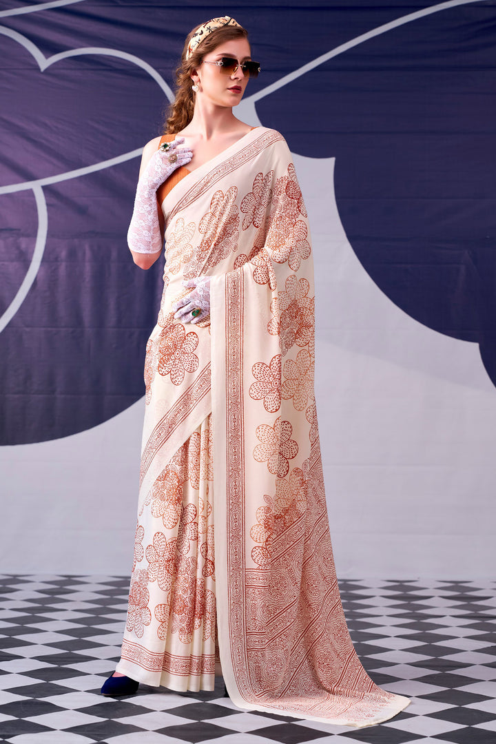Satin Silk Fabric Peach Color Saree With Lovely Printed Work | Buy Online India