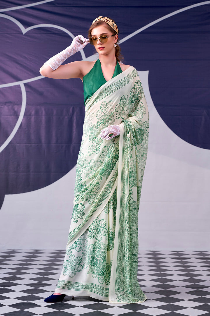 Printed Work On Glamorous Saree In Green Color Satin Silk Fabric | Buy Online India