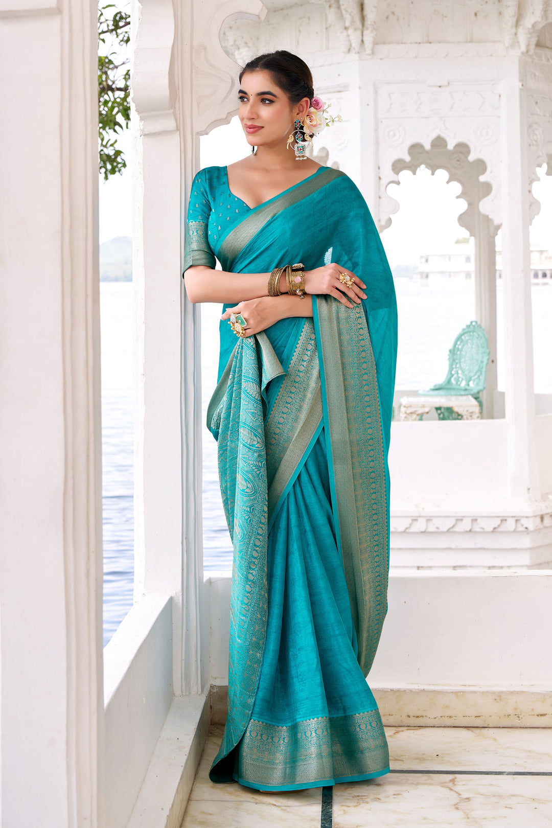 Cyan Color Weaving Work Glamorous Chinon Fabric Saree | Buy Online India