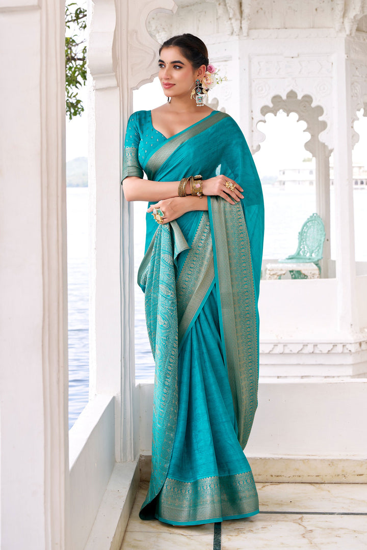 Cyan Color Weaving Work Glamorous Chinon Fabric Saree | Buy Online India