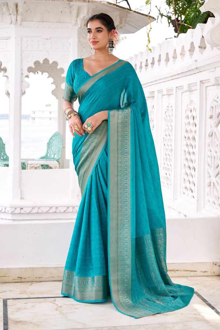 Cyan Color Weaving Work Glamorous Chinon Fabric Saree | Buy Online India