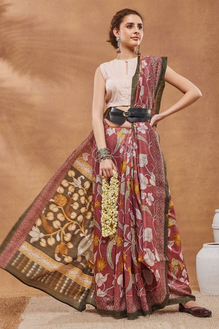 Radiant Floral Printed Work On Pink Color Art Silk Fabric Saree | Buy Online India