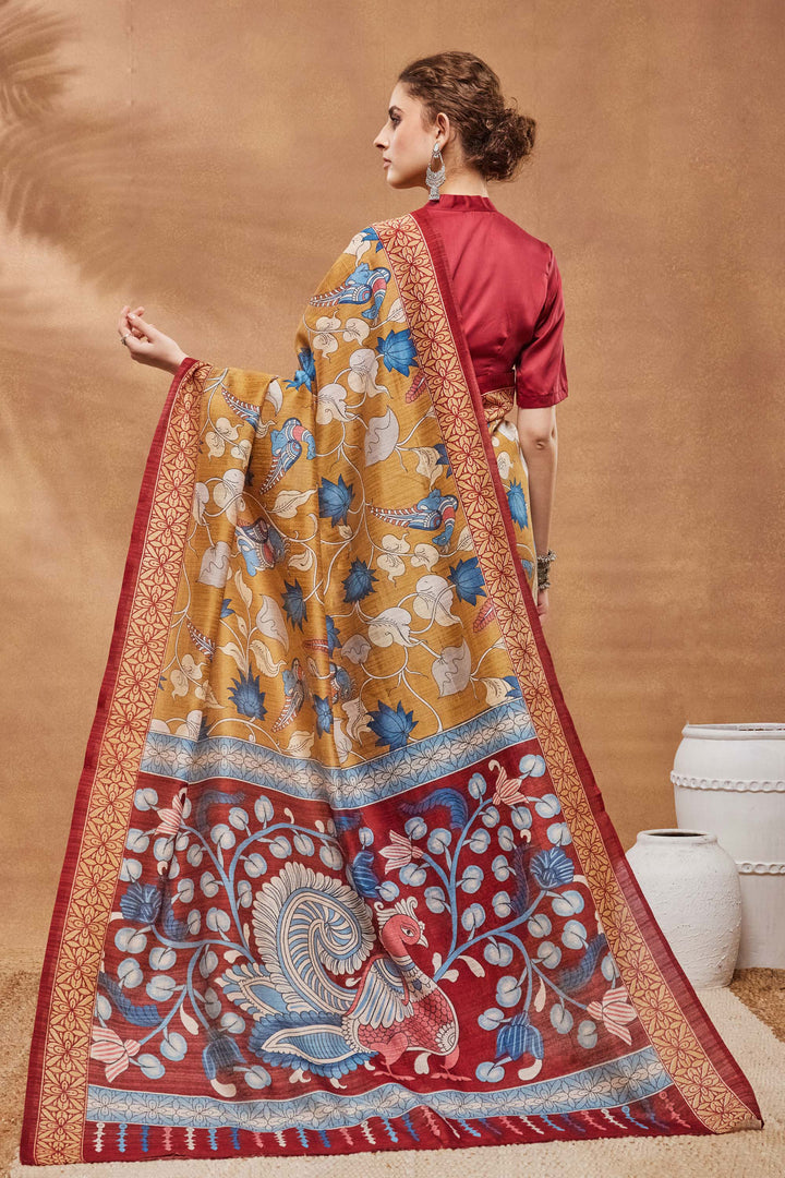 Excellent Art Silk Fabric Mustard Color Saree With Floral Printed Work | Buy Online India